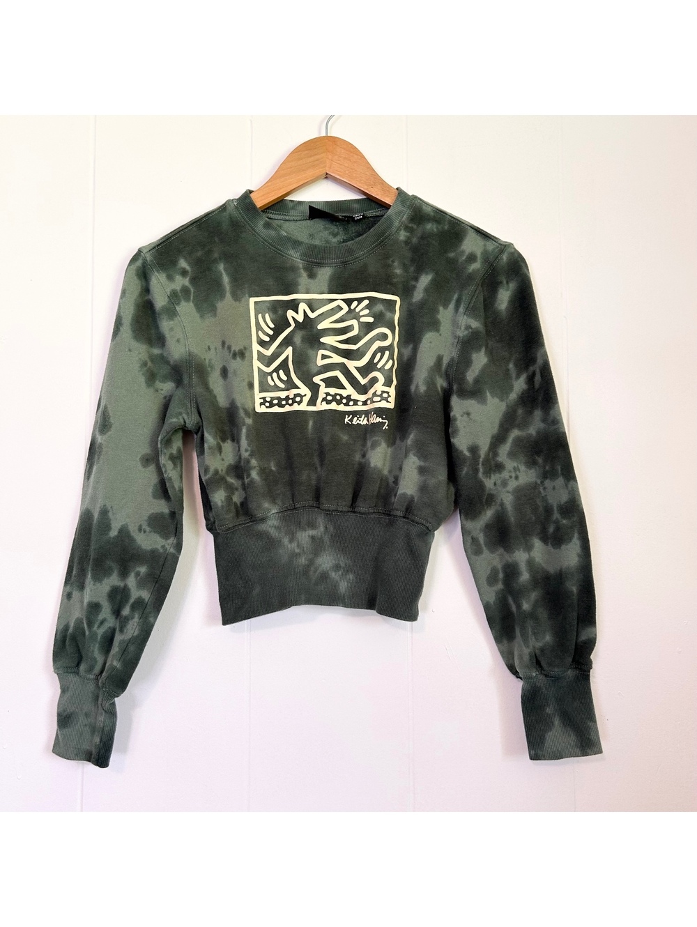 Keith Haring Green Tie Dye Art Long Sleeve Cropped Sweater Women's XS